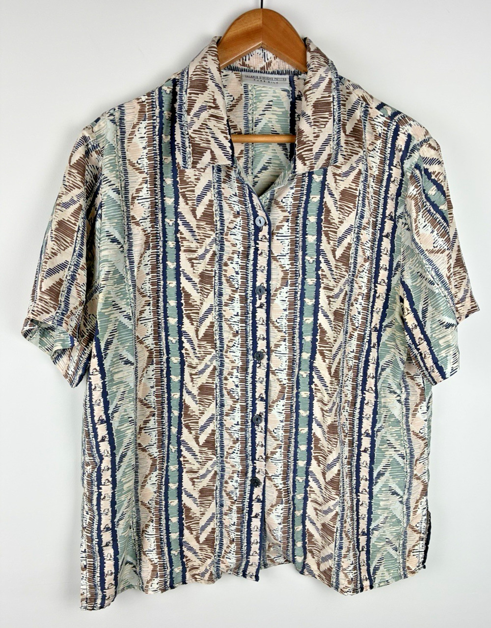 Vintage Valerie Stevens Silk Blouse 12P Artsy Boho Abstract Coastal Resort